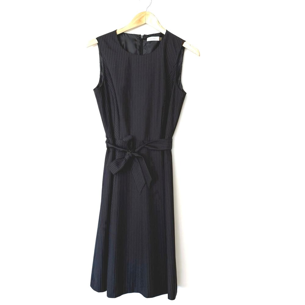Calvin Klein Dress Size 6 Dark Gray Pin Stripe A Line Belt Midi
